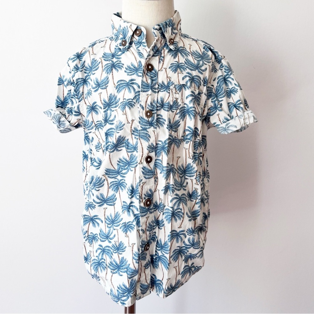 Gymboree White and Blue Palm Print Button Down Shirt
